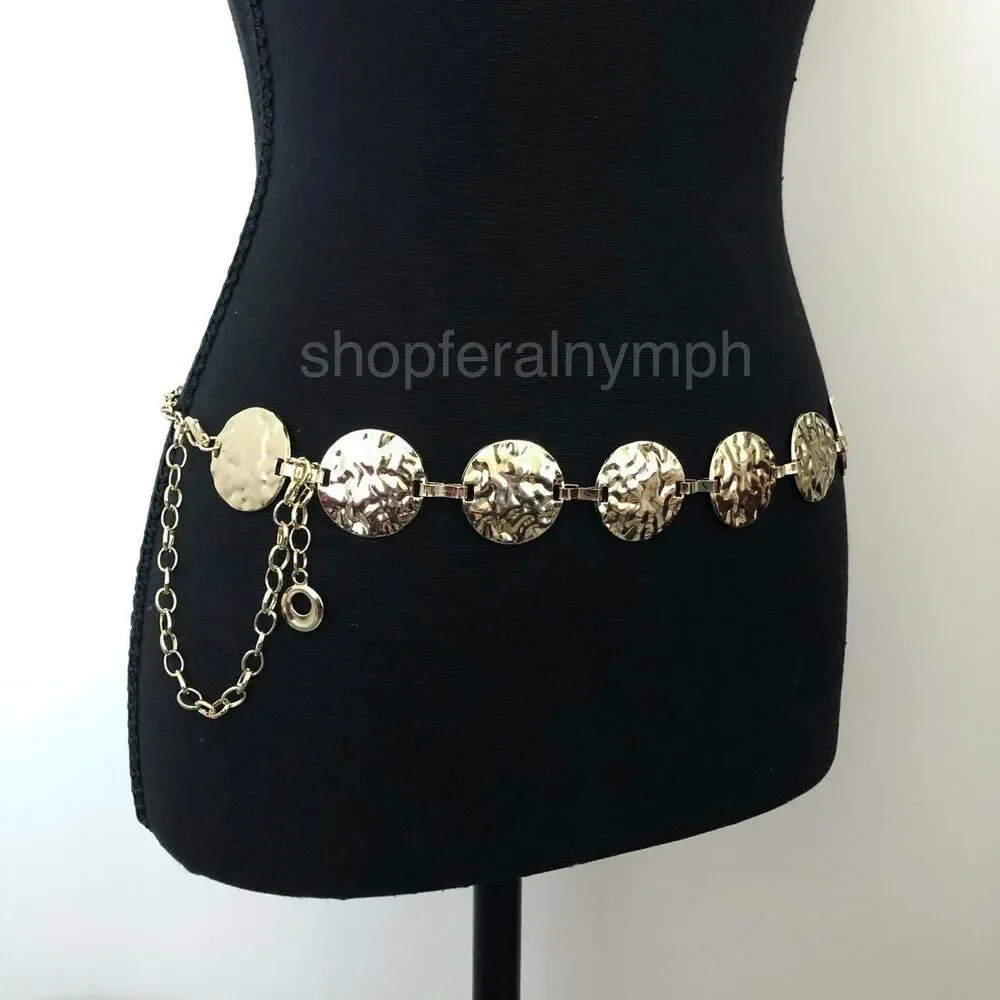 Y2K Boho Gold Hammered Disc Coin Chain Belt, Fits 24.5–42 Inches, X7GA1153